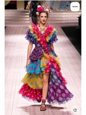 NWT $7K Dolce & Gabbana Silk V Neck Ruffled Hi/Lo Hem Maxi Dress Multicolor Size